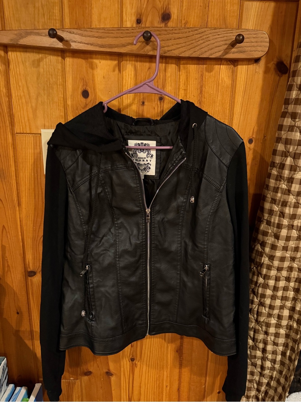 By Johnny Black Faux Leather Hooded Jacket with Knit Sleeves